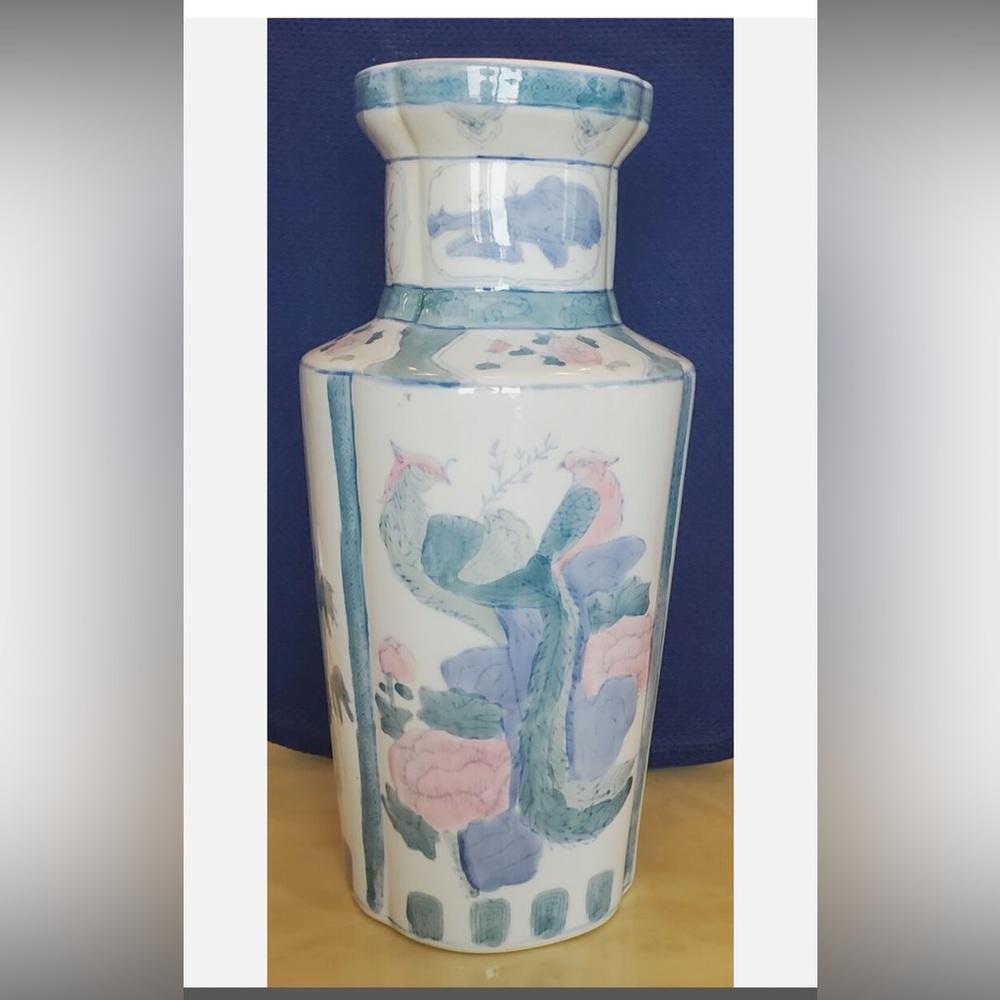 Vintage Chinoiserie tall pastel Asian vase